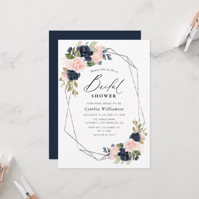 Invitación elegante guión marina y ducha de novia floral rubi (Anverso/Reverso In Situ)