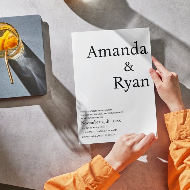 Invitación Elegante guión minimalista Boda blanco y negro (Minimalist Elegant Script Black & White Wedding Invitation)