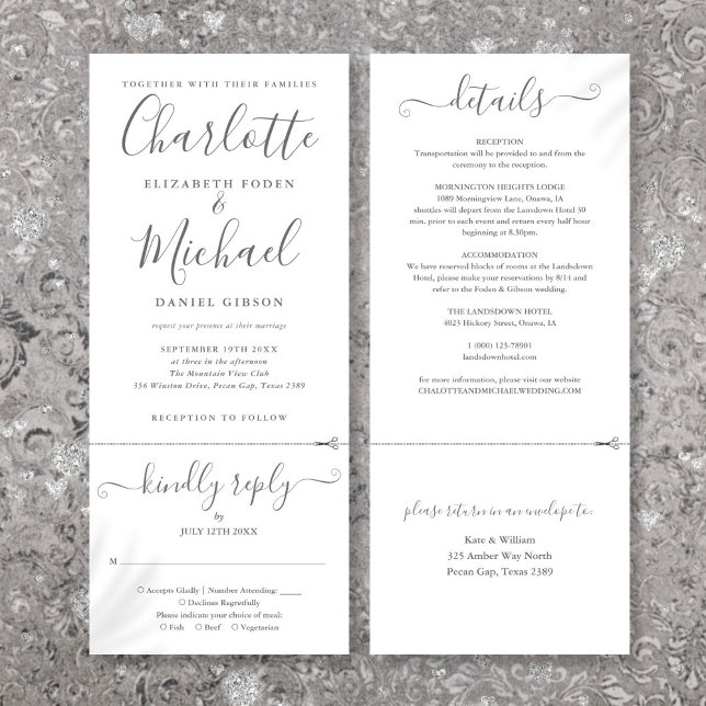 Invitación Elegante Guión Minimalista Todo En Un Boda (Elegant Script Minimalist All In One Wedding Invitation)