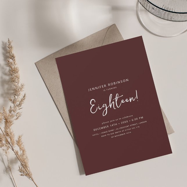 Invitación Elegante guión moderno 18 cumpleaños Borgoña (Elegant Modern Script 18th Birthday Burgundy Invitation)