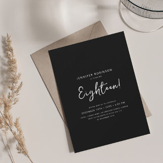 Invitación Elegante guión moderno 18 cumpleaños negro