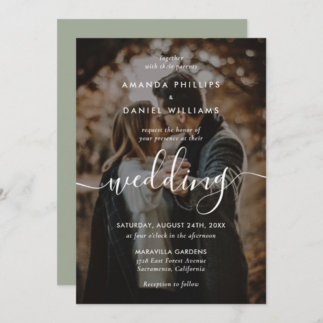 Invitación Elegante guión moderno 2 Boda verde foto sabio (Anverso / Reverso)