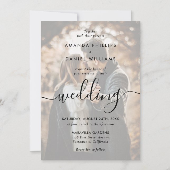 Invitación Elegante guión moderno 2 foto Boda negro (Anverso)
