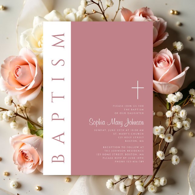 Invitación Elegante guión moderno bautismo rosado (Modern Elegant Script Pink Baptism Invitation)