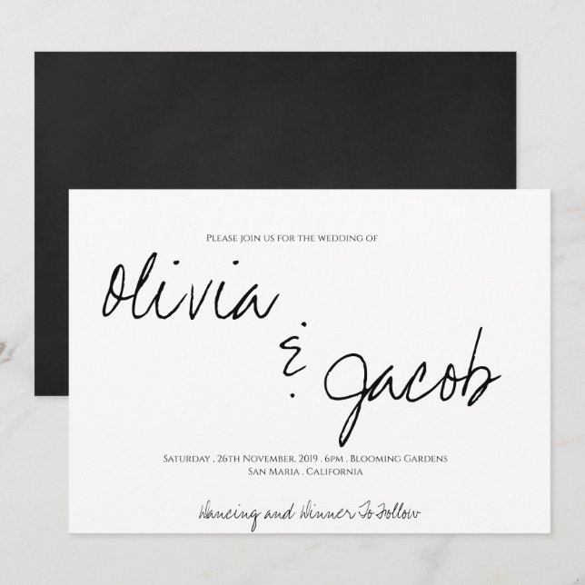 Invitación Elegante guión moderno Boda blanco y negro (Anverso / Reverso)