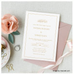 Invitación Elegante guión moderno Boda musulmán blanco islámi<br><div class="desc">Elegante Boda musulmán moderno Nikah islámico. Esta es una simple tarjeta de invitación blanca con letras doradas goudy roman y negrita goudy en la parte delantera de la tarjeta. Hay un marco delicado para la frontera. Puede personalizar de esta tarjeta cambiando el color de fondo, el tipo de letra, el...</div>