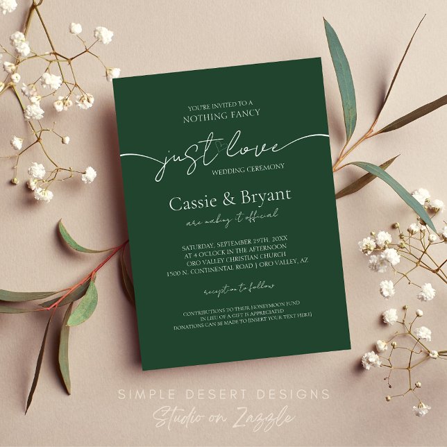 Invitación Elegante guión moderno Boda verde esmeralda (Modern Green Wedding Invitation for Minimal Nothing Fancy Just Love Wedding Theme)