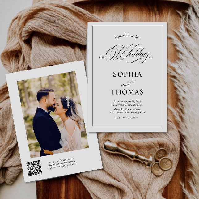 Invitación Elegante guión moderno Código QR Foto Boda de pres (Subido por el creador)