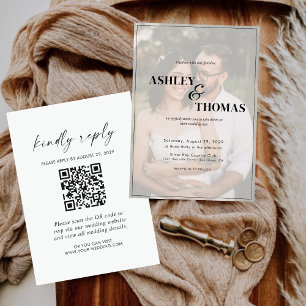 Invitación Elegante guión moderno Código QR Foto boda RSVP