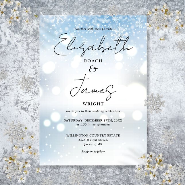 Invitación Elegante guión moderno copos de nieve Boda de invi (Modern Elegant Script Snowflakes Winter Wedding Invitation)