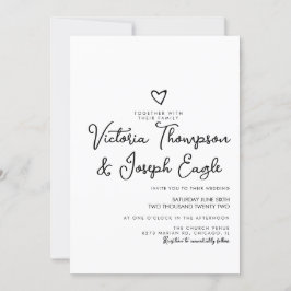 Invitación Elegante guión moderno corazón boda blanco y negro