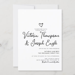 Invitación Elegante guión moderno corazón boda blanco y negro
