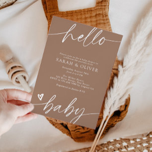 Invitación Elegante guión moderno Ducha de bebé marrón claro