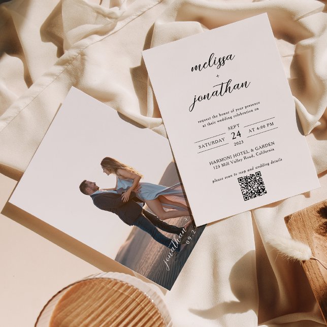 Invitación Elegante guión moderno Foto código QR Boda Rsvp (Subido por el creador)