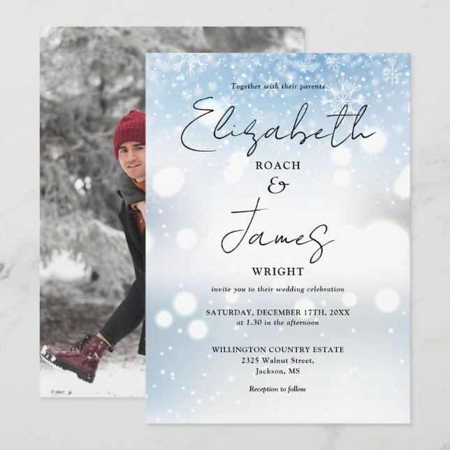 Invitación Elegante guión moderno foto Nieve Boda de Invierno (Anverso / Reverso)