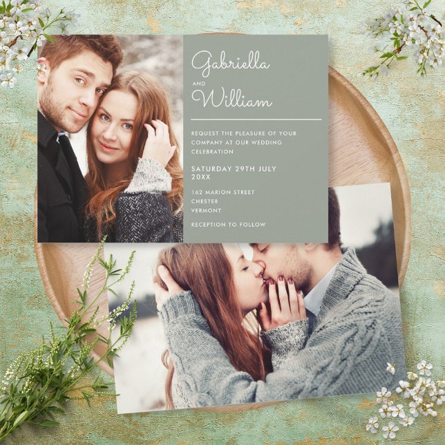 Invitación Elegante guión moderno Sage Green 2 Photo Boda (Subido por el creador)