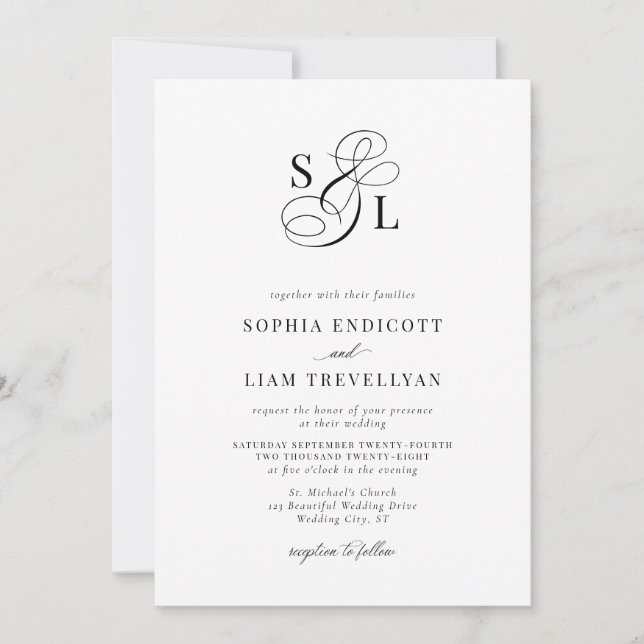 Invitación Elegante guion monograma boda formal (Anverso)