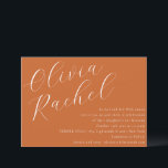 Invitación Elegante guión Naranja quemado Bat Mitzvah<br><div class="desc">Esta invitación contemporánea al murciélago mitzvah presenta una composición horizontal minimalista y una hermosa caligrafía de escritura en blanco sobre un fondo Naranja quemado.</div>