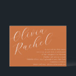 Invitación Elegante guión Naranja quemado Bat Mitzvah<br><div class="desc">Esta invitación contemporánea al murciélago mitzvah presenta una composición horizontal minimalista y una hermosa caligrafía de escritura en blanco sobre un fondo Naranja quemado.</div>