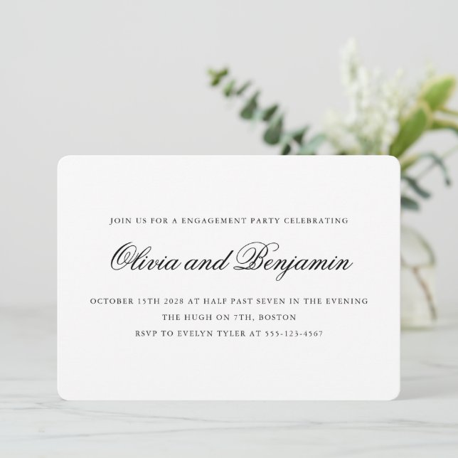 Invitación Elegante guión negro blanco fiesta de compromiso f (Anverso de pie)