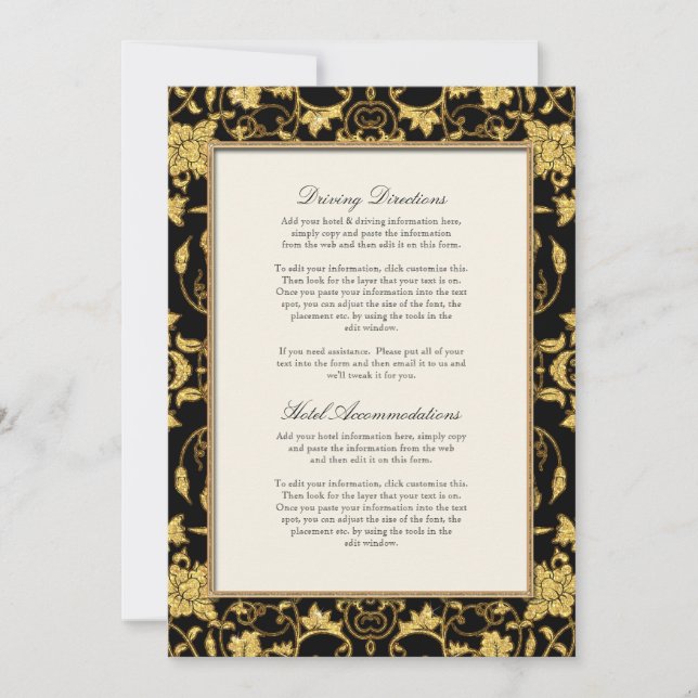 Invitación Elegante guión negro damasco de boda con brillo do (Anverso)