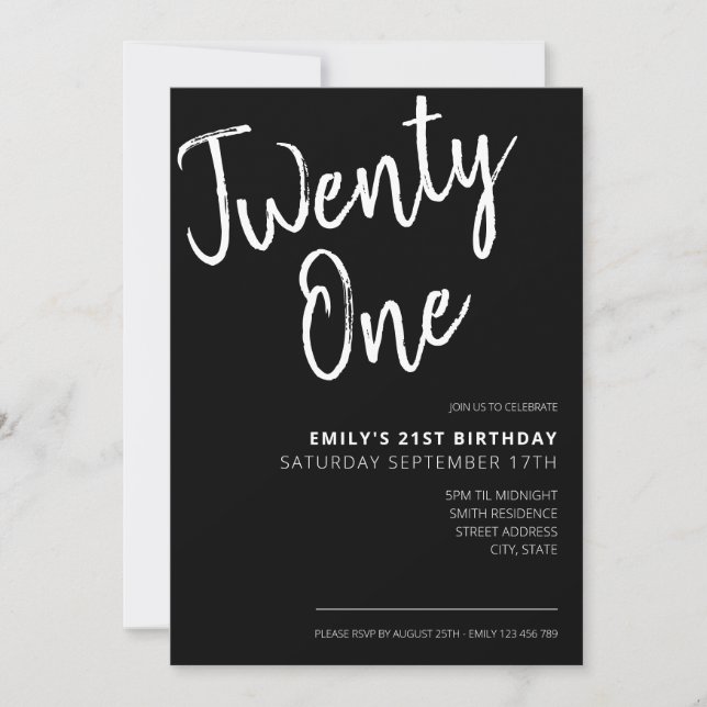 Invitación Elegante guión negro moderno cumpleaños 21 (Anverso)