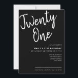Invitación Elegante guión negro moderno cumpleaños 21<br><div class="desc">Invitación moderna de cumpleaños 21 en blanco y negro. Minimalista diseño de plantillas de invitación para 21 cumpleaños con elegante letra de guión con letra a mano de caligrafía.</div>