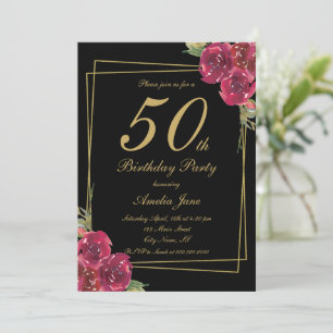 Invitación Elegante guión negro oro floral 50 cumpleaños