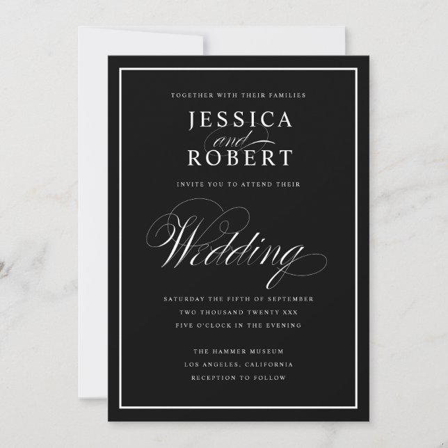 Invitación Elegante guión negro y blanco Boda negro (Anverso)