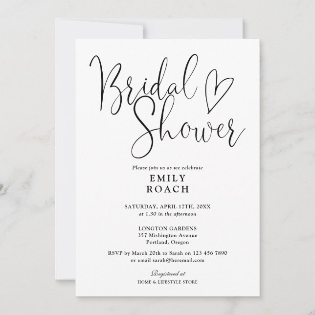 Invitación Elegante guión negro y blanco para baby shower de  (Anverso)