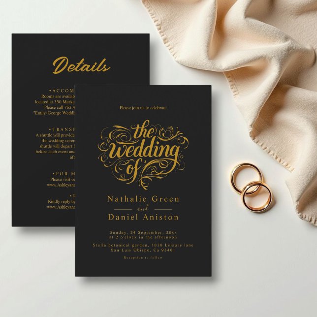 Invitación Elegante Guión Negro Y Oro Boda Clásico (Subido por el creador)