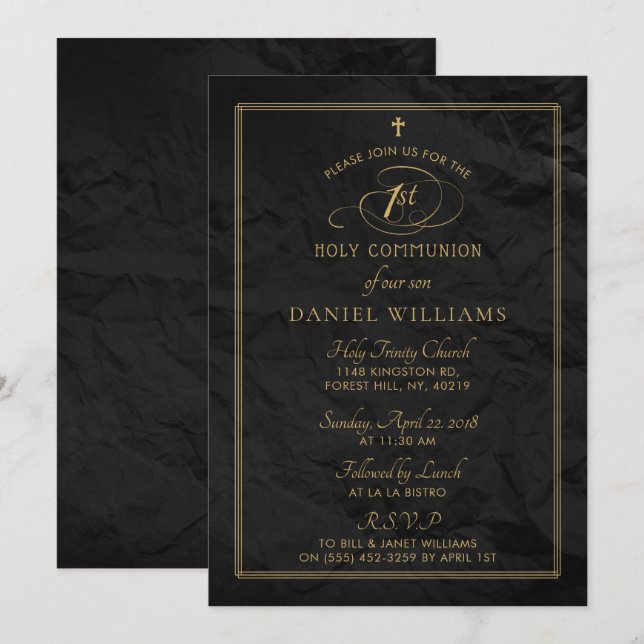Invitación Elegante Guión Negro y Oro Primera Comunión Sagrad (Anverso / Reverso)