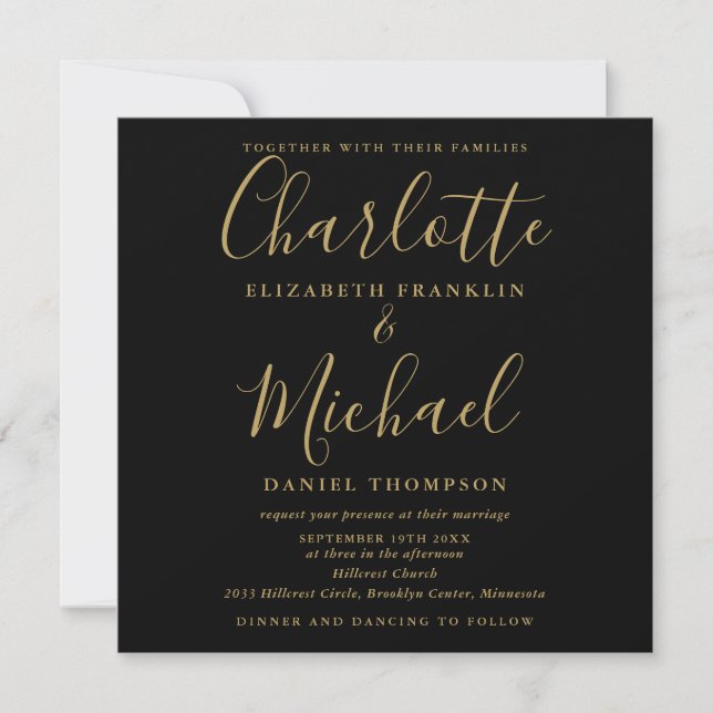 Invitación Elegante Guión Negro Y Oro Todo En Un Boda (Anverso)