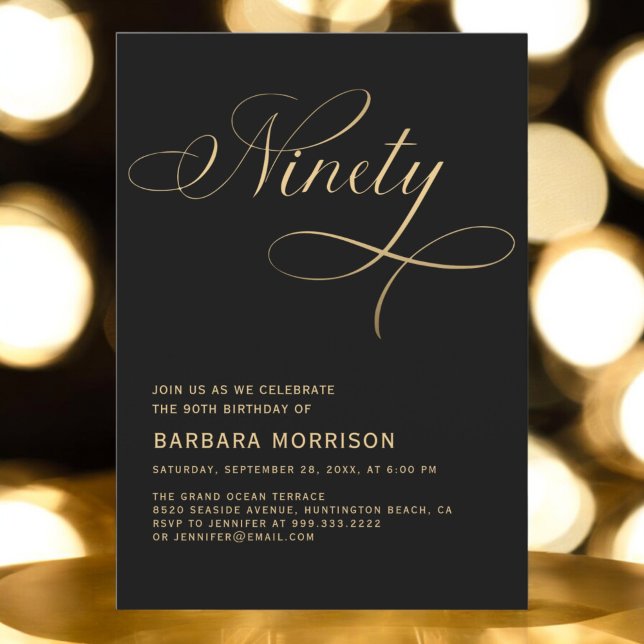 Invitación Elegante guión Noventa Oro Negro 90 cumpleaños (Subido por el creador)