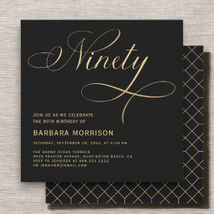 Invitación Elegante guión Noventa Oro Negro 90 cumpleaños