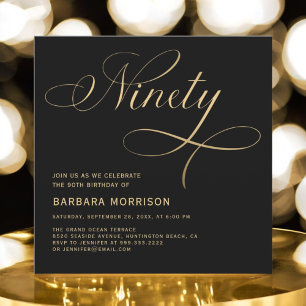 Invitación Elegante guión Noventa Oro Negro 90 cumpleaños