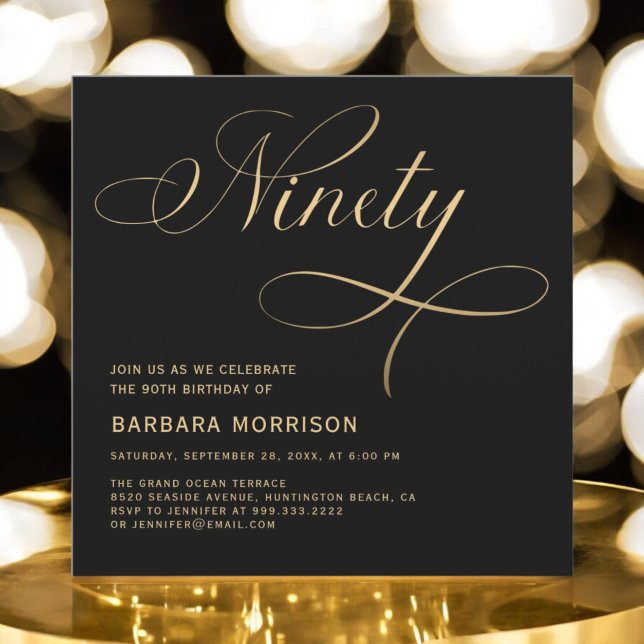 Invitación Elegante guión Noventa Oro Negro 90 cumpleaños (Subido por el creador)