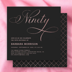 Invitación Elegante guión noventa Rosas Oro 90 cumpleaños