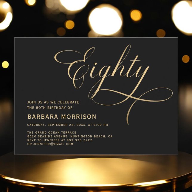 Invitación Elegante guión Ochenta Oro Negro Oro 80 cumpleaños (Subido por el creador)