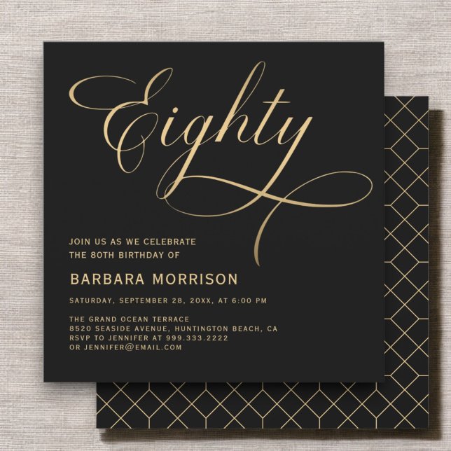 Invitación Elegante guión Ochenta Oro Negro Oro 80 cumpleaños (Subido por el creador)