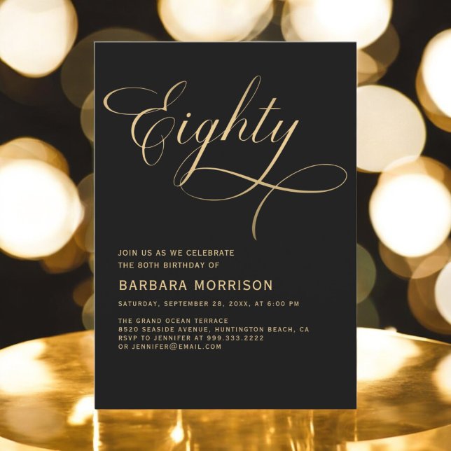 Invitación Elegante guión Ochenta Oro Negro Oro 80 cumpleaños (Subido por el creador)