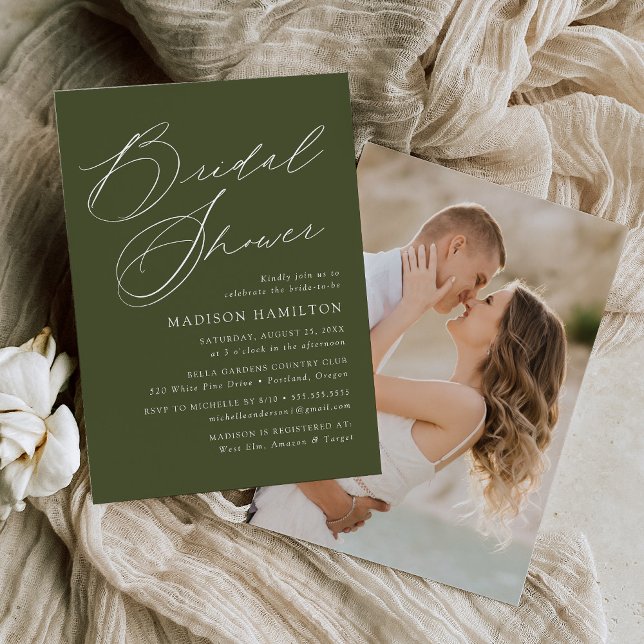 Invitación Elegante guión Olive Green Photo Bridal Shower (Subido por el creador)