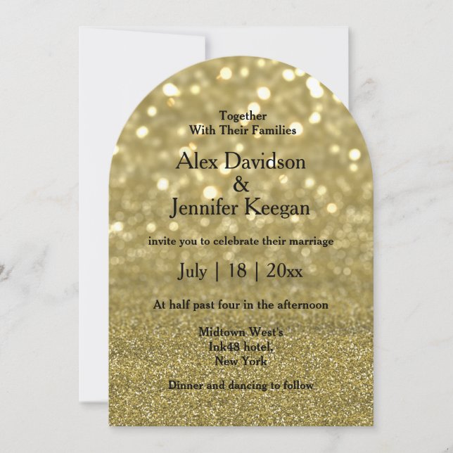 Invitación elegante guión oro lujo destello arco boda (Anverso)