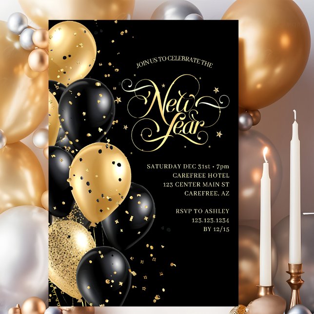 Invitación Elegante guión oro negro Año nuevo (Subido por el creador)