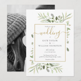 Invitación Elegante guión oro vegetación hojas foto boda 