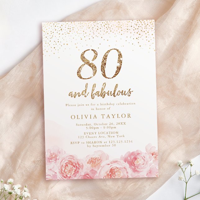 Invitación Elegante guión oro y floral ruidoso cumpleaños 80 (Elegant script gold & blush floral 80th birthday invitation)