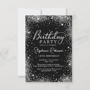 Invitación Elegante guión plateado Purpurina negro 18 cumplea