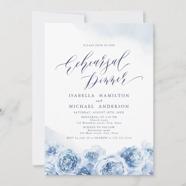 Invitación Elegante guión polvoriento azul de ensayo floral c (Anverso)