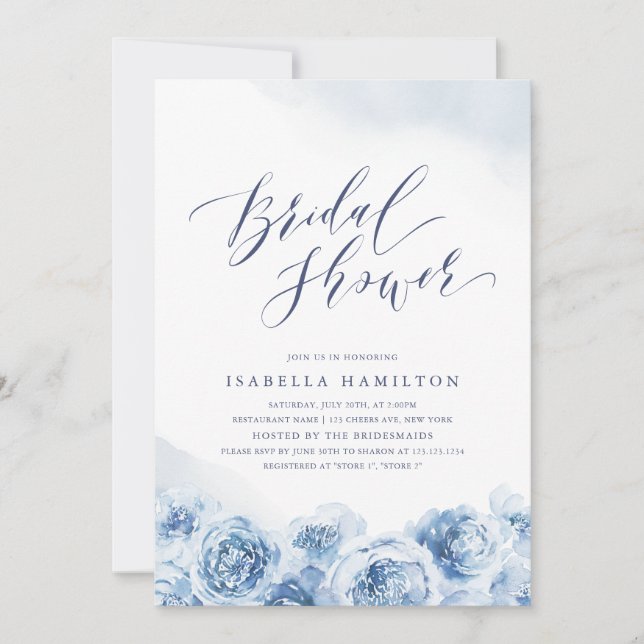 Invitación Elegante guión polvoriento azul floral ducha de no (Anverso)