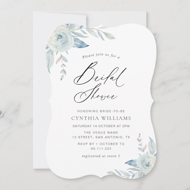 Invitación elegante guión polvoriento azul floral ducha de no (Anverso)